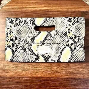 Nine West Snakeskin Textured Clutch with Finger Handle, Black, Tan, Beige